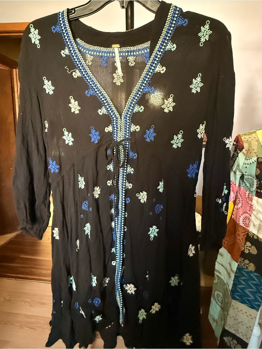 Free People Star Gazer Black Embroidered Tunic with Blue & Mint Accents